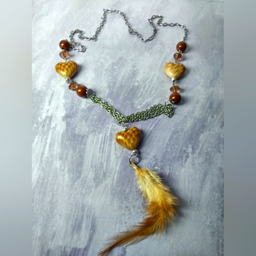 👍 5 for $20 Multi Chain Silver Tone Brown Beaded Heart & Feather Necklace